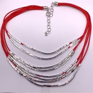Multi-strand Silver Tone Beaded Red Rope Necklace